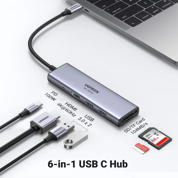 UGREEN CM511 6-in-1 USB-C To HDMI 4K@60Hz + 2*USB-A 3.2+2*USB 3.2 C+PD Power Converter