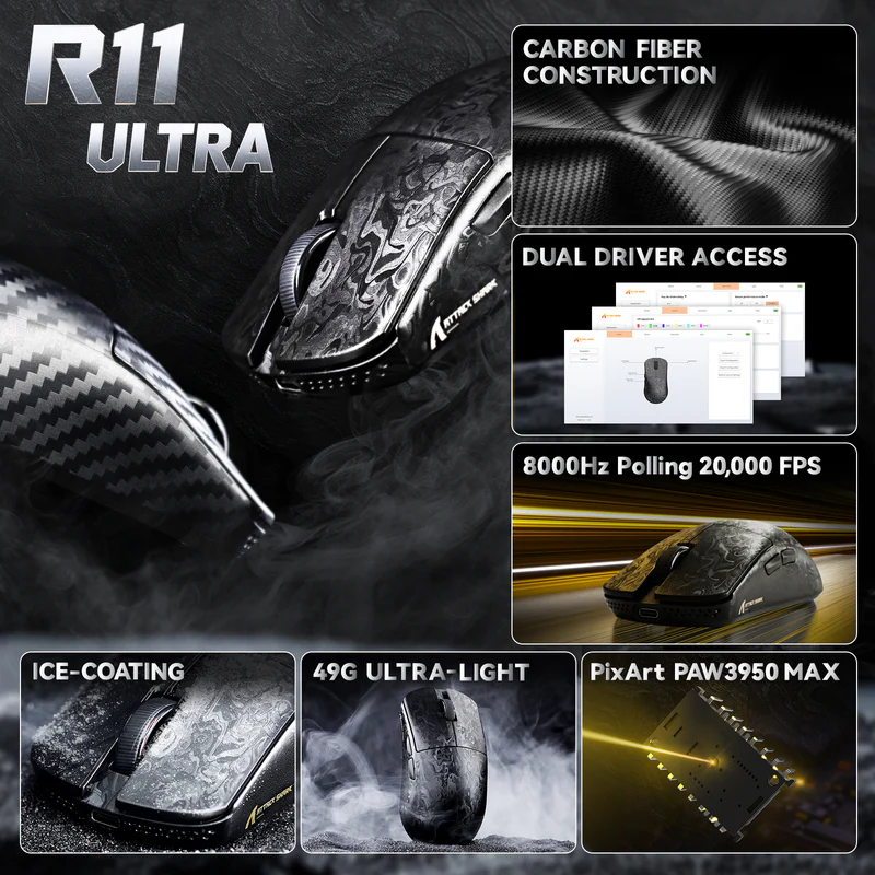ATTACK SHARK X11 ULTRA MOUSE  PAW3950MAX  TRI MODE BLACK COLOR