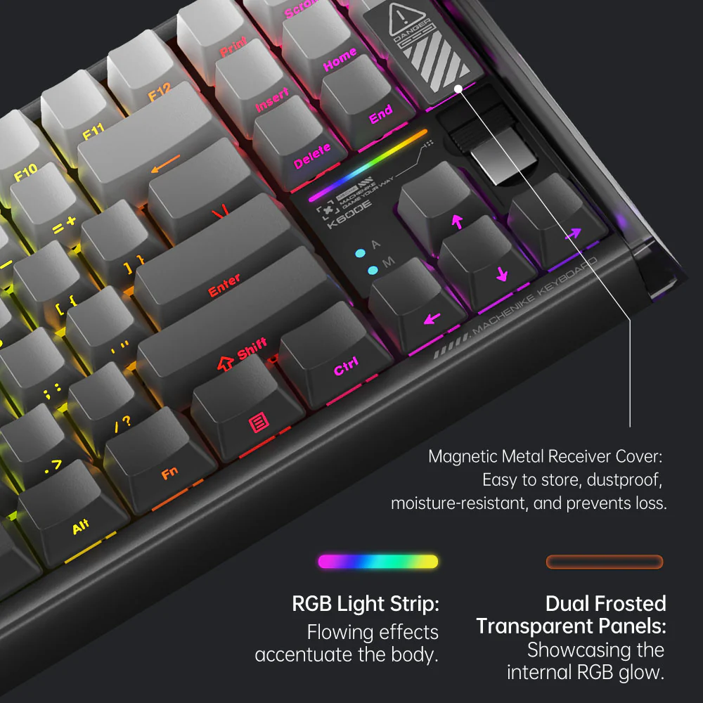 Machenike K600E-B87W Tri-mode GR Silver Switch RGB Side Printed Grey