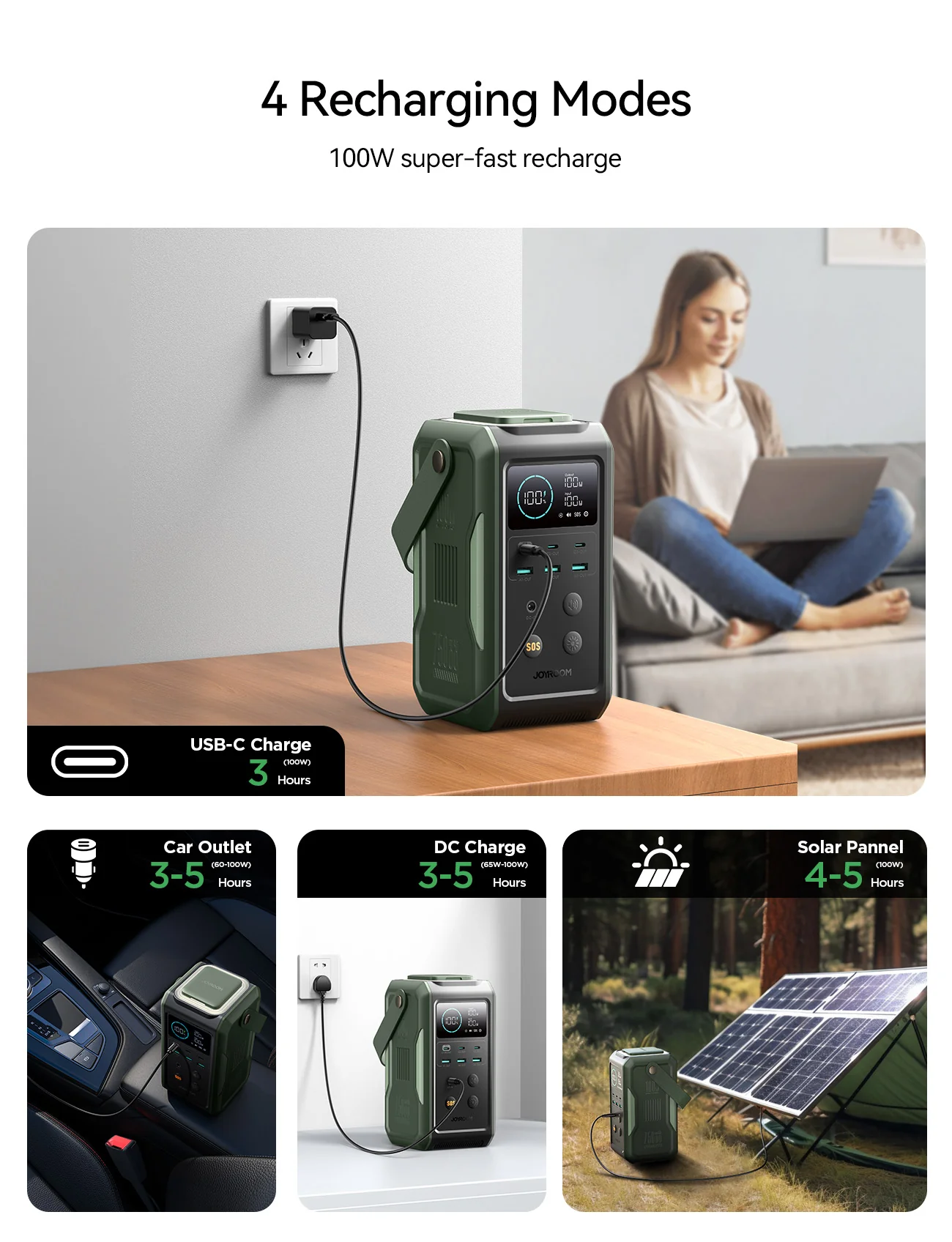 JOYROOM JR-PBF10 100W Super Large Capacity Power Bank With Retractable Light 75000mAh-Olive Green