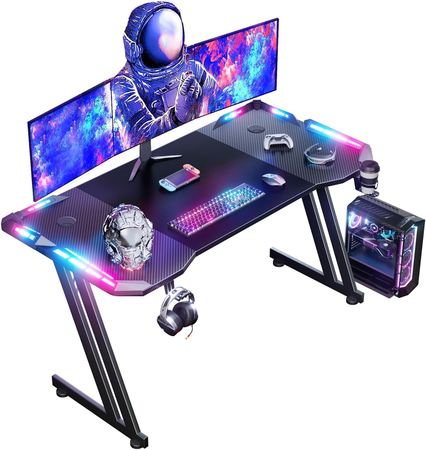 HLONONE Gaming Desk with LED, Carbon Fiber
