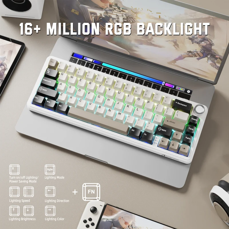 ATTACK SHARK X66 Bluetooth & 2.4G Wireless & Type -C Wired KEYBOARD CHEESE WHITE -STAWBERRY SWITCH
