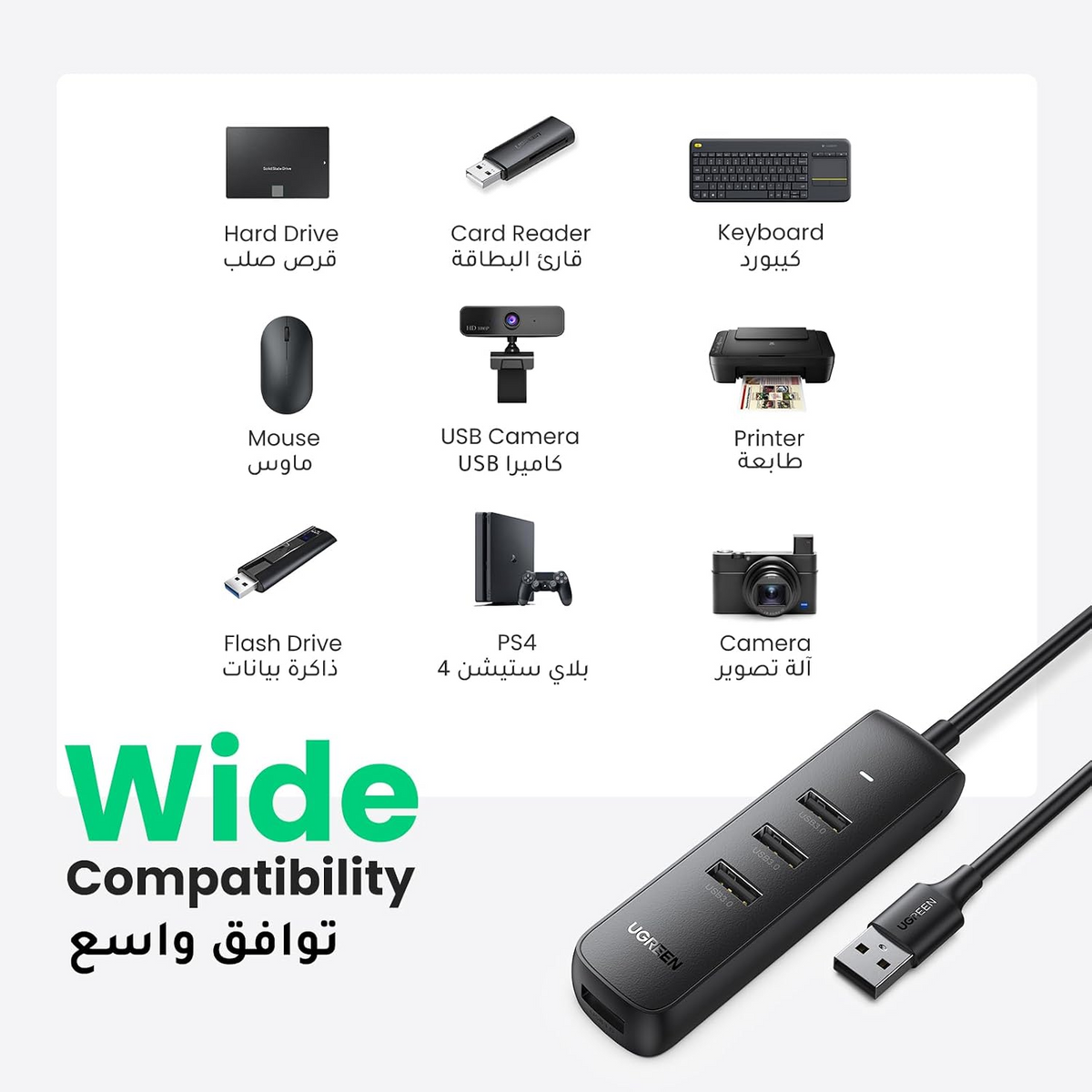 UGREEN 80657 USB 3.0 4-Port Hub – 5Gbps, 1m Cable, Black