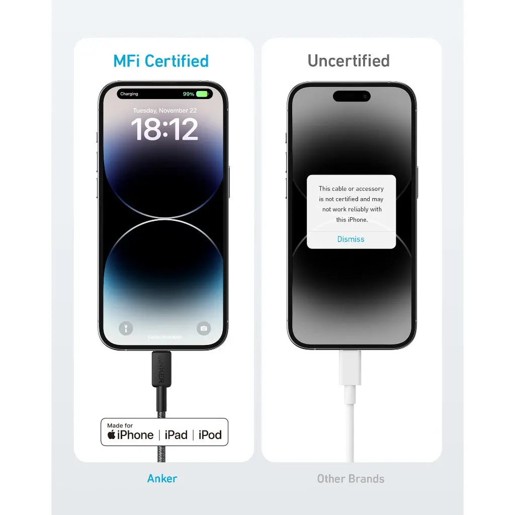Anker A81B5H21 322 USB-C to Lightning Cable (3ft/0.9m 60W Braided) - White