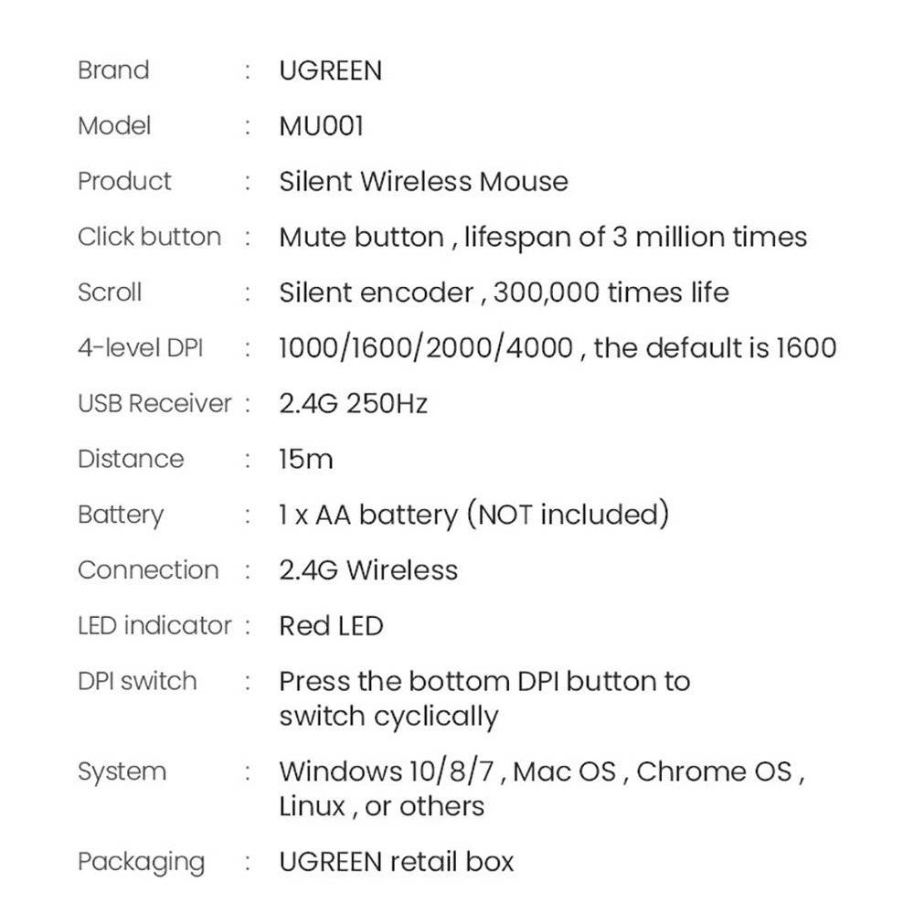UGREEN MU001 Portable Wireless Mouse 2.4GHZ Ultra Slim (Green)