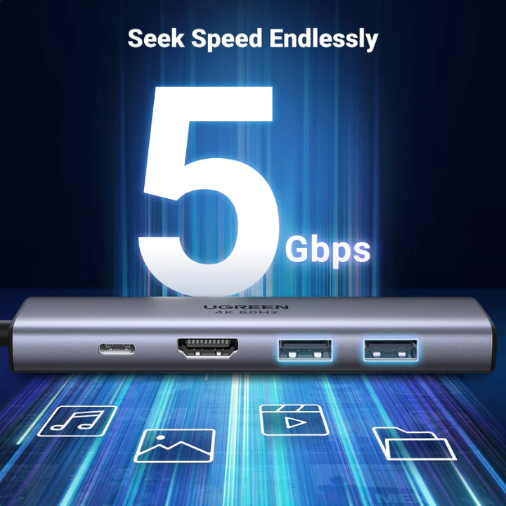 UGREEN CM511 6-in-1 USB-C To HDMI 4K@60Hz + 2*USB-A 3.2+2*USB 3.2 C+PD Power Converter