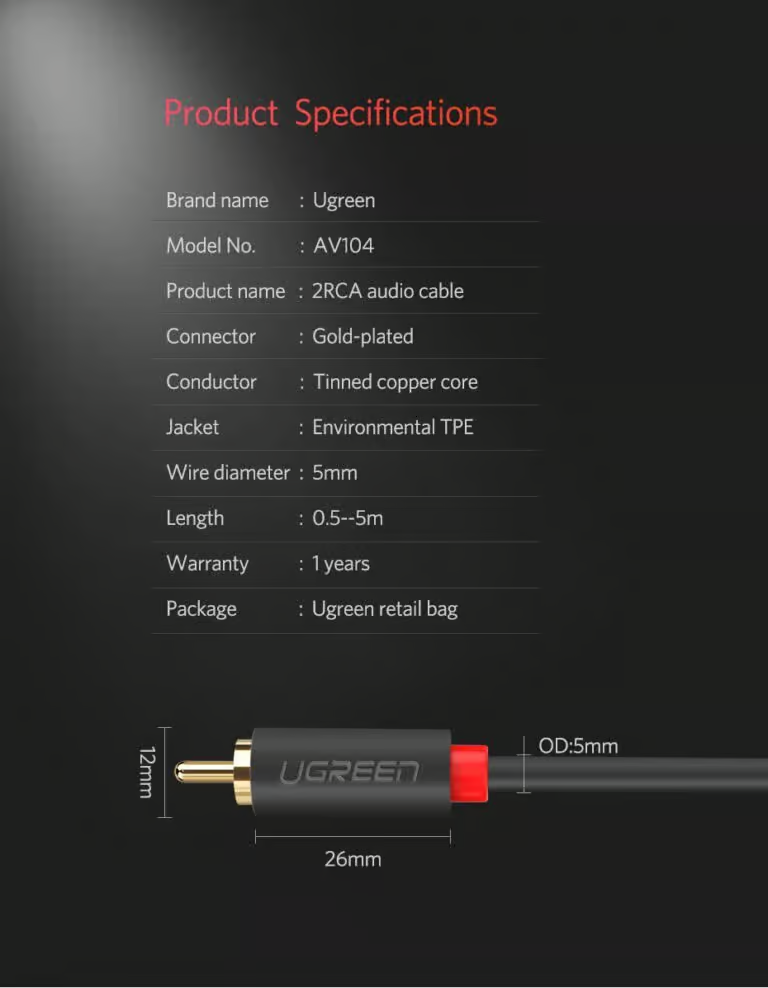 UGREEN 2 RCA Male To 2 RCA Male Audio  Cable