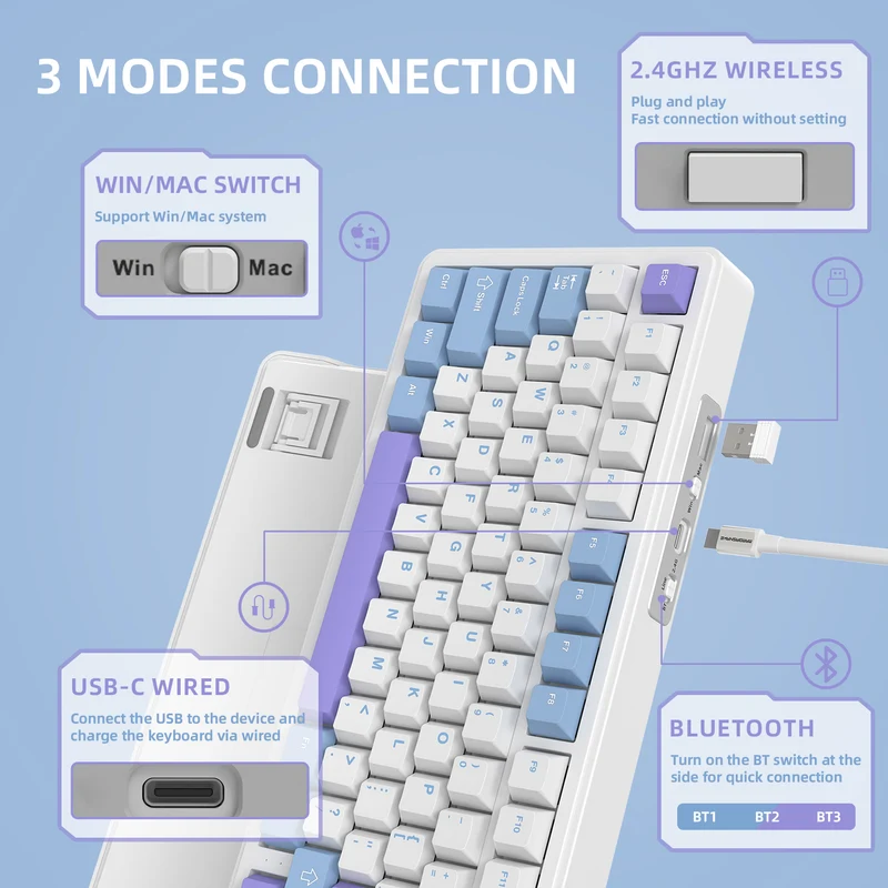 ATTACK SHARK X85 WIRELESS  White Purple JADE SWITCH