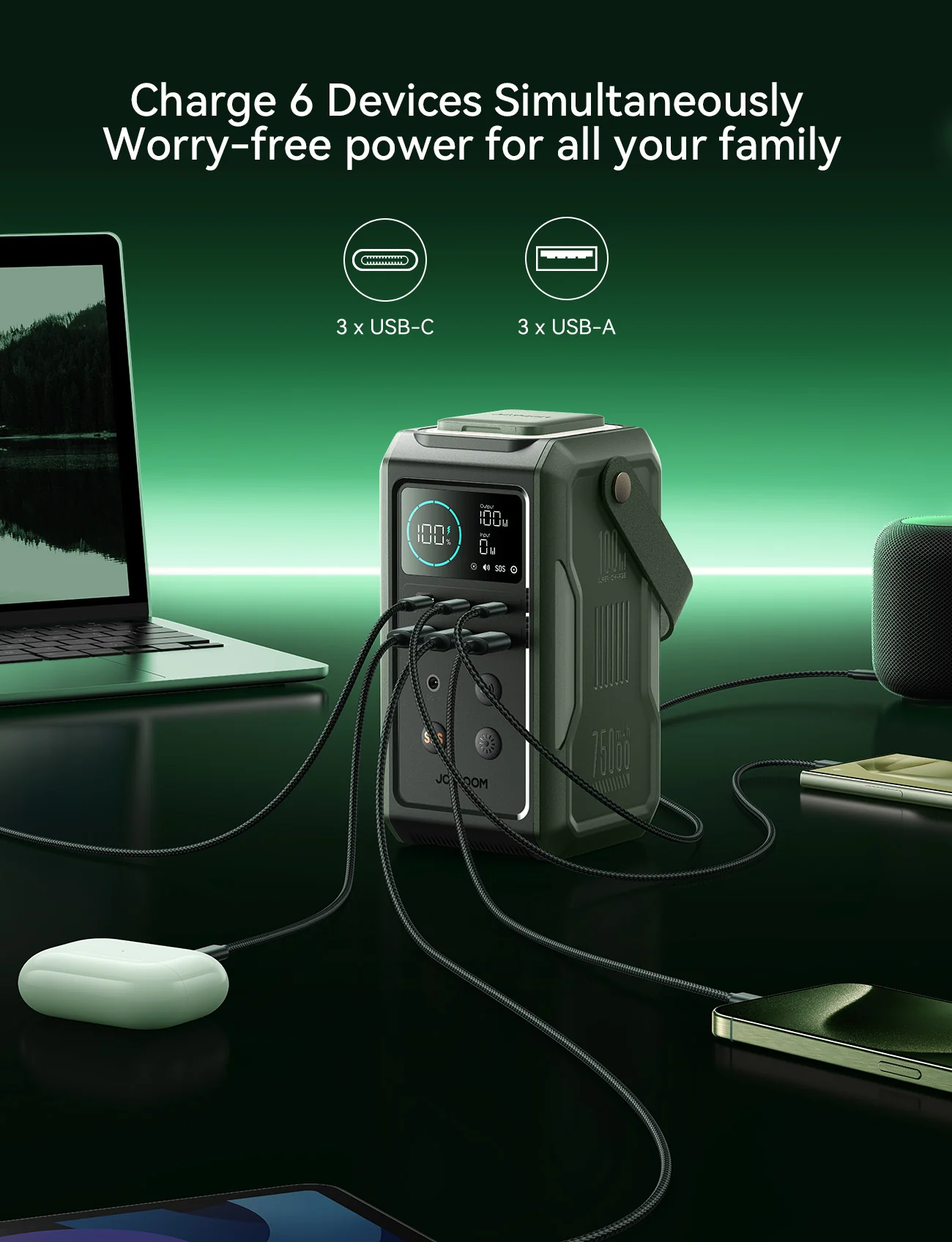 JOYROOM JR-PBF10 100W Super Large Capacity Power Bank With Retractable Light 75000mAh-Olive Green