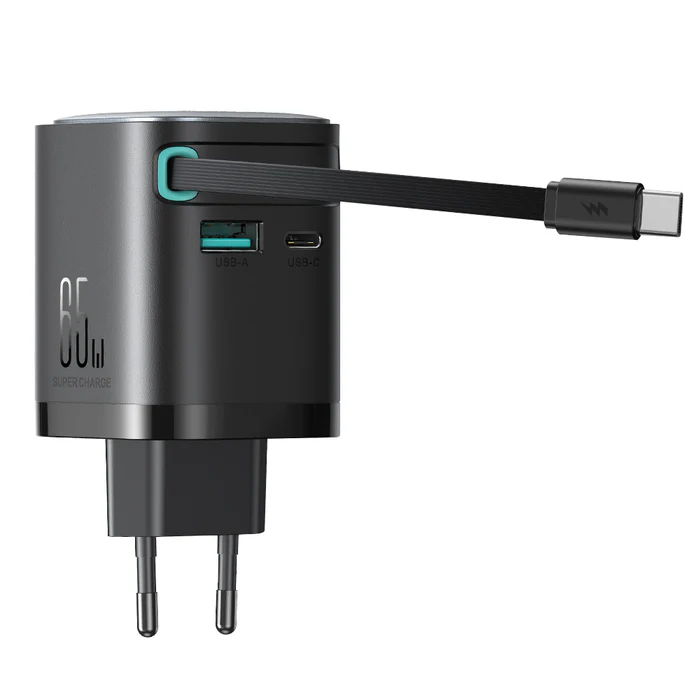 JOYROOM JR-TCL02 GaN 65W Charger with Retractable Cable(EU)-Black