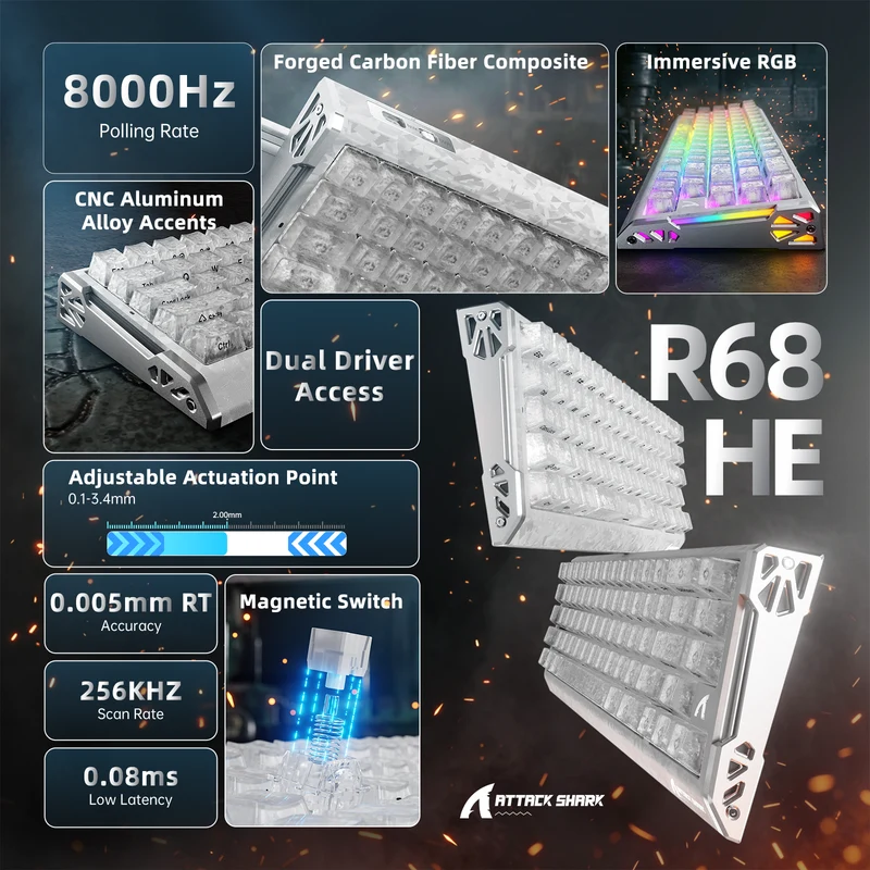Attack Shark R68HE Carbon Fiber Wired Magnitec Switch  Keyboard -  Ice Ninja