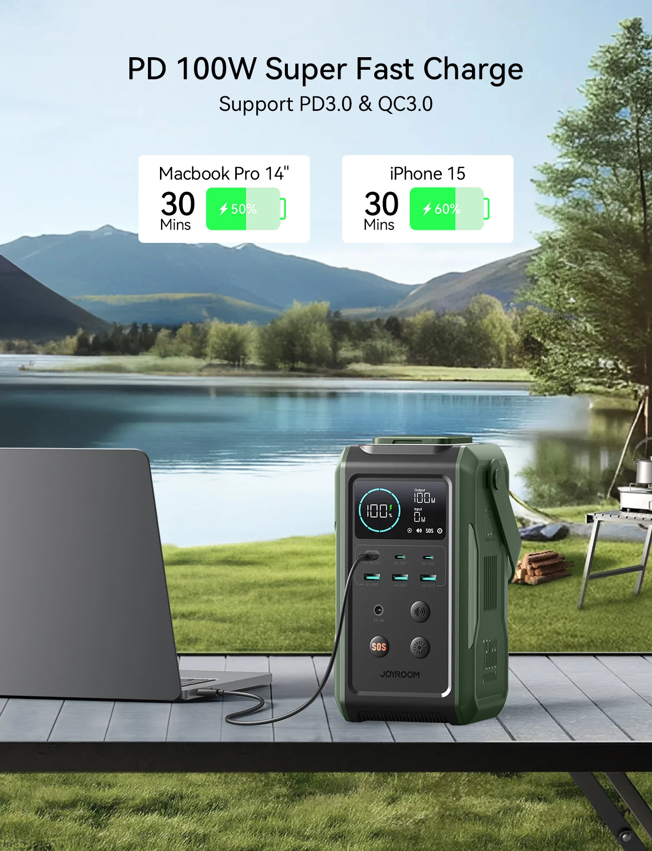 JOYROOM JR-PBF10 100W Super Large Capacity Power Bank With Retractable Light 75000mAh-Olive Green