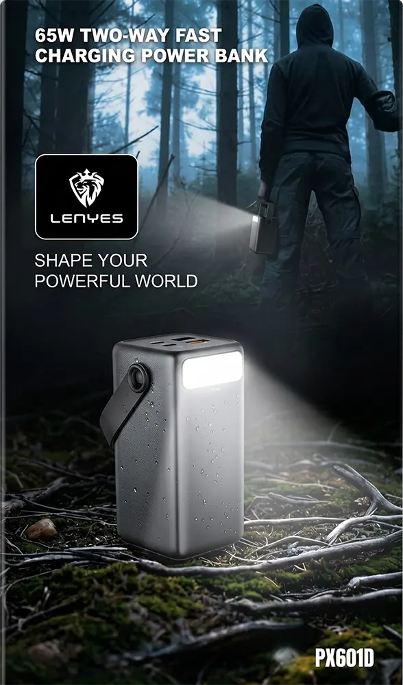 LENYES PX601D 60000mAh Power Bank with 65W Charging and Digital Display - Black