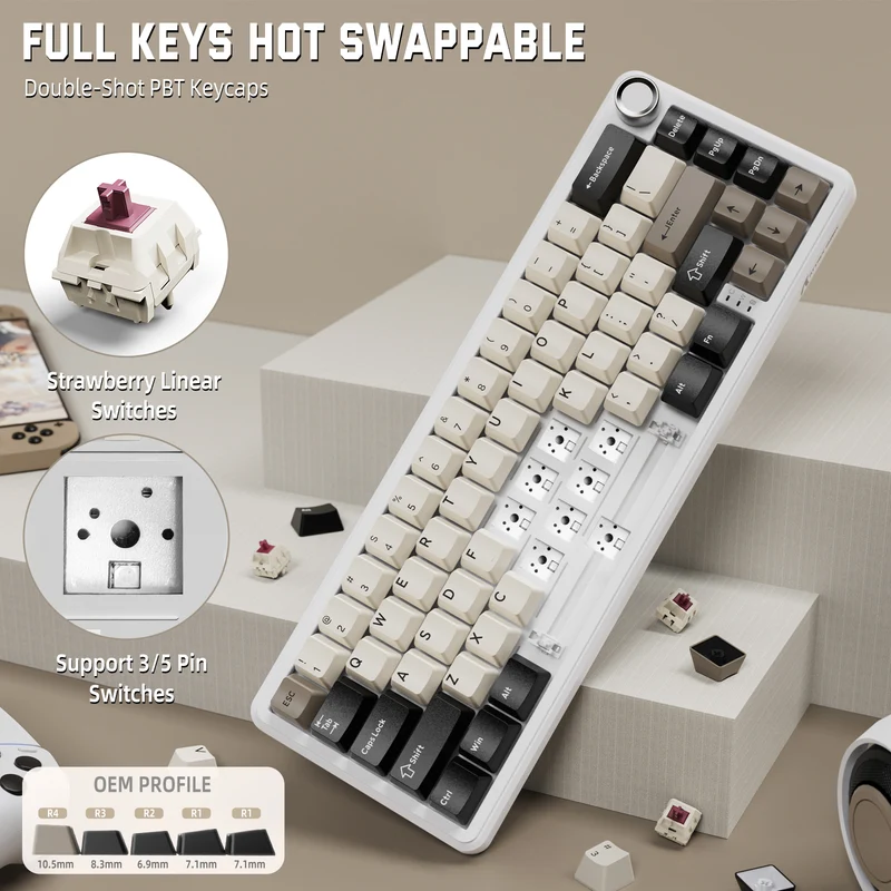 ATTACK SHARK X66 Bluetooth & 2.4G Wireless & Type -C Wired KEYBOARD CHEESE WHITE -STAWBERRY SWITCH