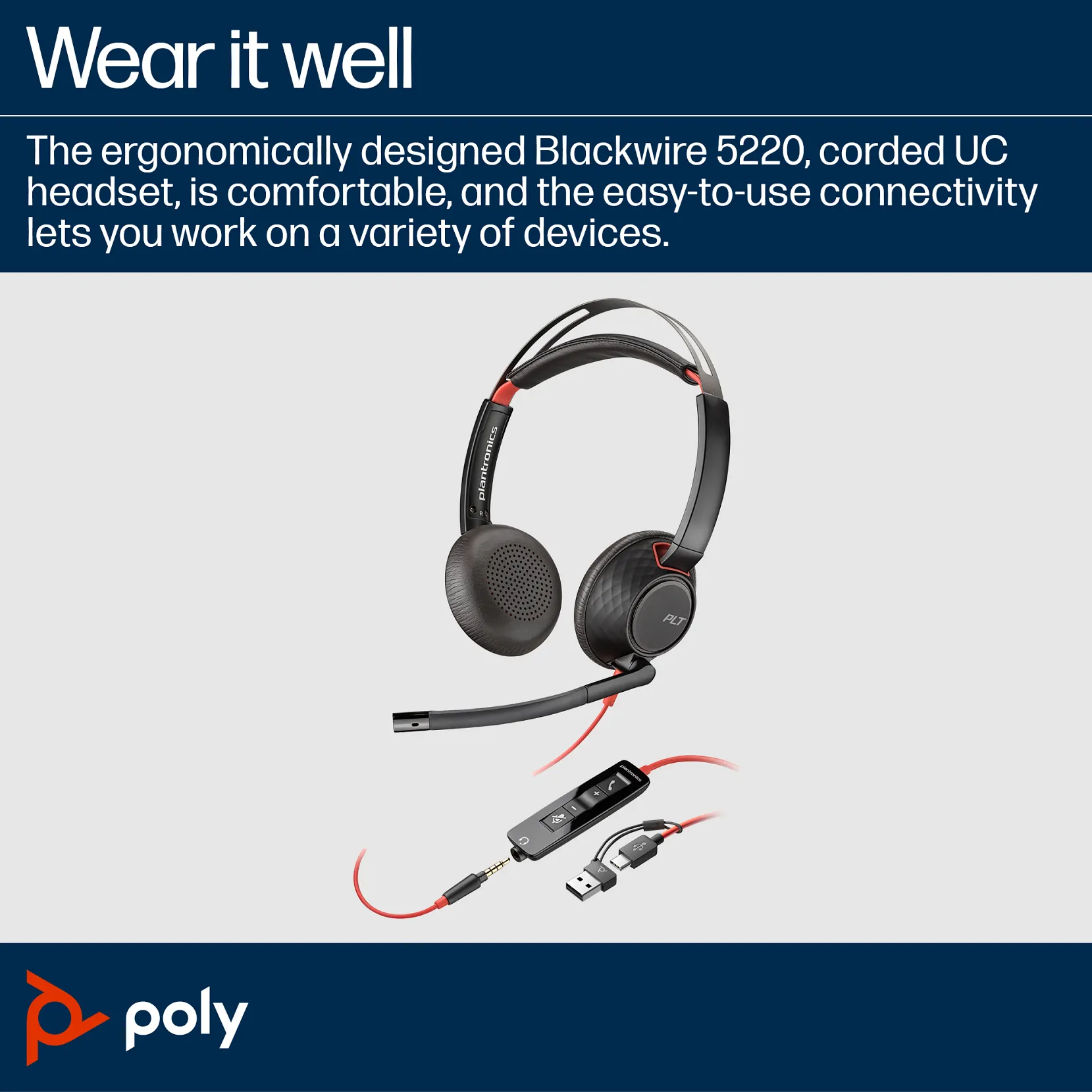 Poly Blackwire 5220 Stereo USB-C Headset +3.5mm Plug +USB-C/A Adapter