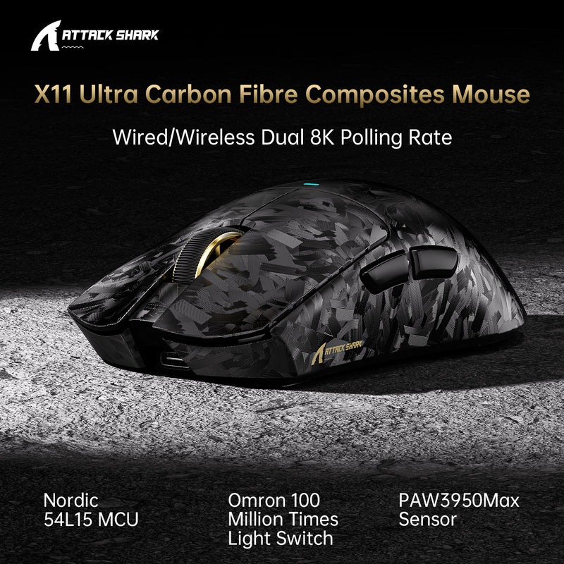 ATTACK SHARK X11 ULTRA MOUSE  PAW3950MAX  NORDIC 54L15 TRI MODE CARBON BLACK