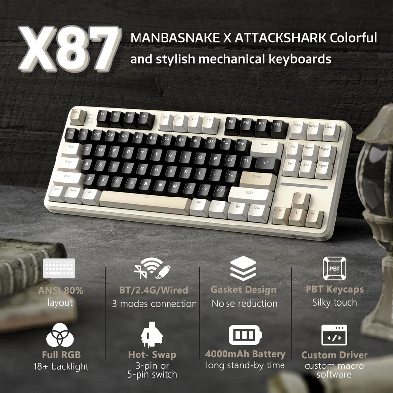ATTACH SHARK X87 Triple-Mode: Bluetooth & 2.4 G & Type-C KEYBOARD CHEESE WHITE STRABERRY SWITCH