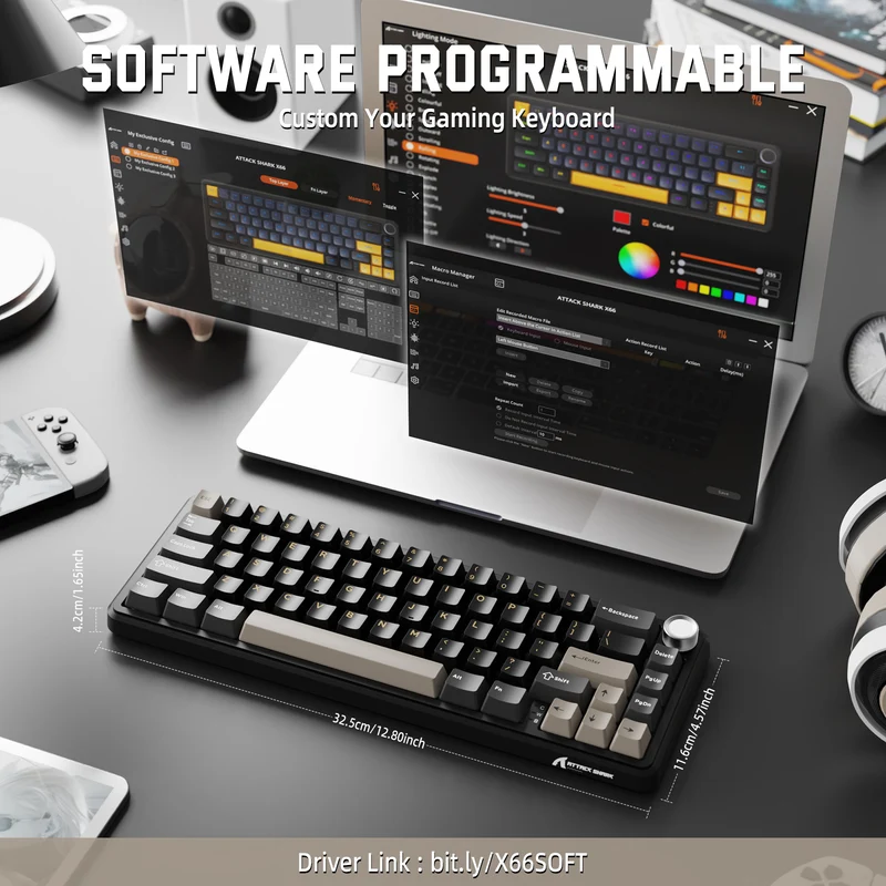 ATTACK SHARK X66 Bluetooth & 2.4G Wireless & Type -C Wired KEYBOARD STARRY BLACK -STAWBERRY SWITCH