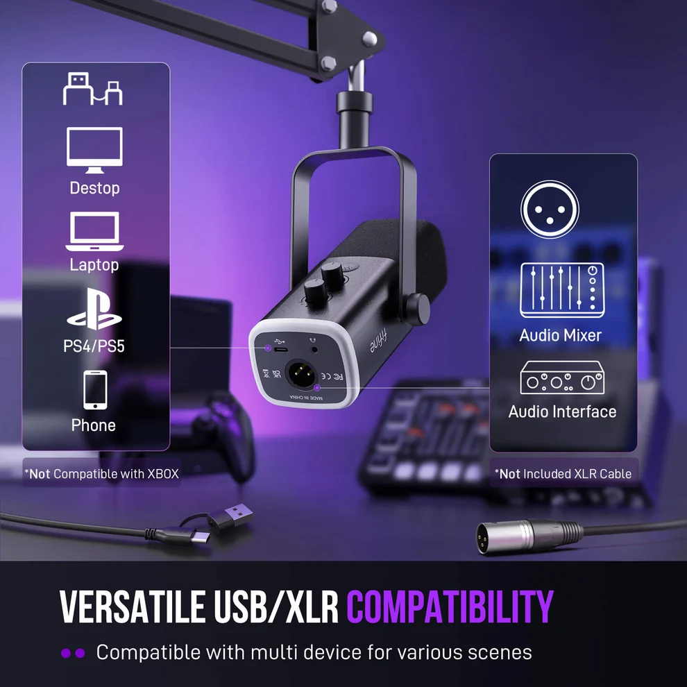 FIFINE AM8T USB/XLR Dynamic Microphone Kit with Boom Arm Stand - Black