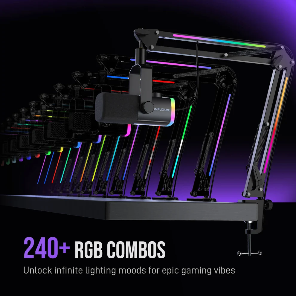 FIFINE AM8PROT USB/XLR Dynamic Microphone Kit with RGB Boom Arm Stand - Black