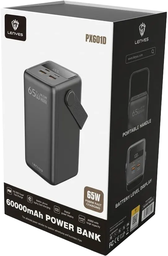 LENYES PX601D 60000mAh Power Bank with 65W Charging and Digital Display - Black