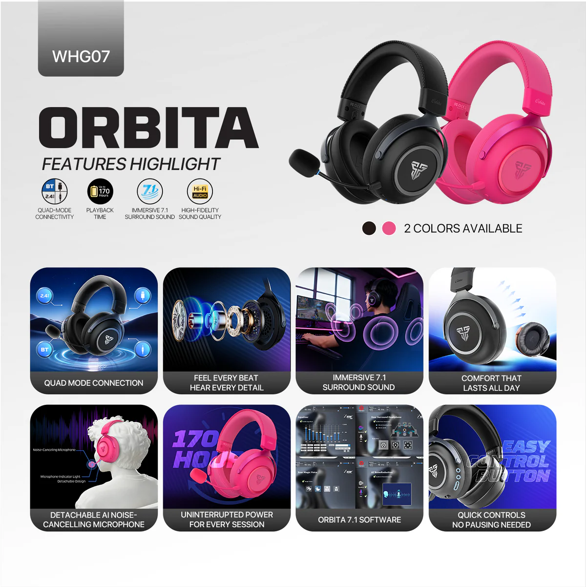FANTECH ORBITA WHG07 WIRELESS TRI MODE PINK GAMING HEADSET