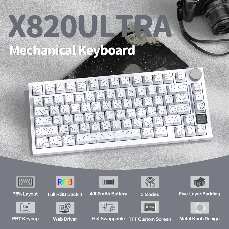 ATTACK SHARK X820Ultra Tri-mode Gasket Shark Switch Mechanical Keyboard - White Contour