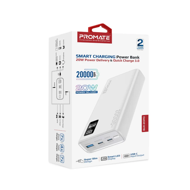 PROMATE POWER BANK BOLT-20PD-20W-20K mah - White (Bolt-20PD) PROMATE POWER BANK BOLT-20PD-20W-20K mah - White (Bolt-20PD)