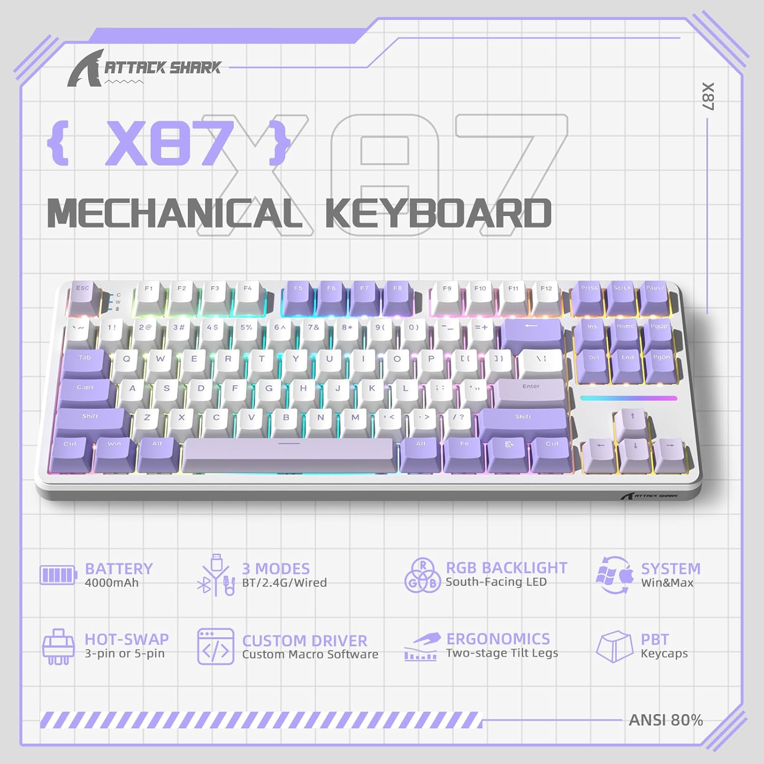 ATTACK SHARK X87 KEY RGB KEYBOARD TRI MODE TWILIGHT PURPLE KEYBOARD