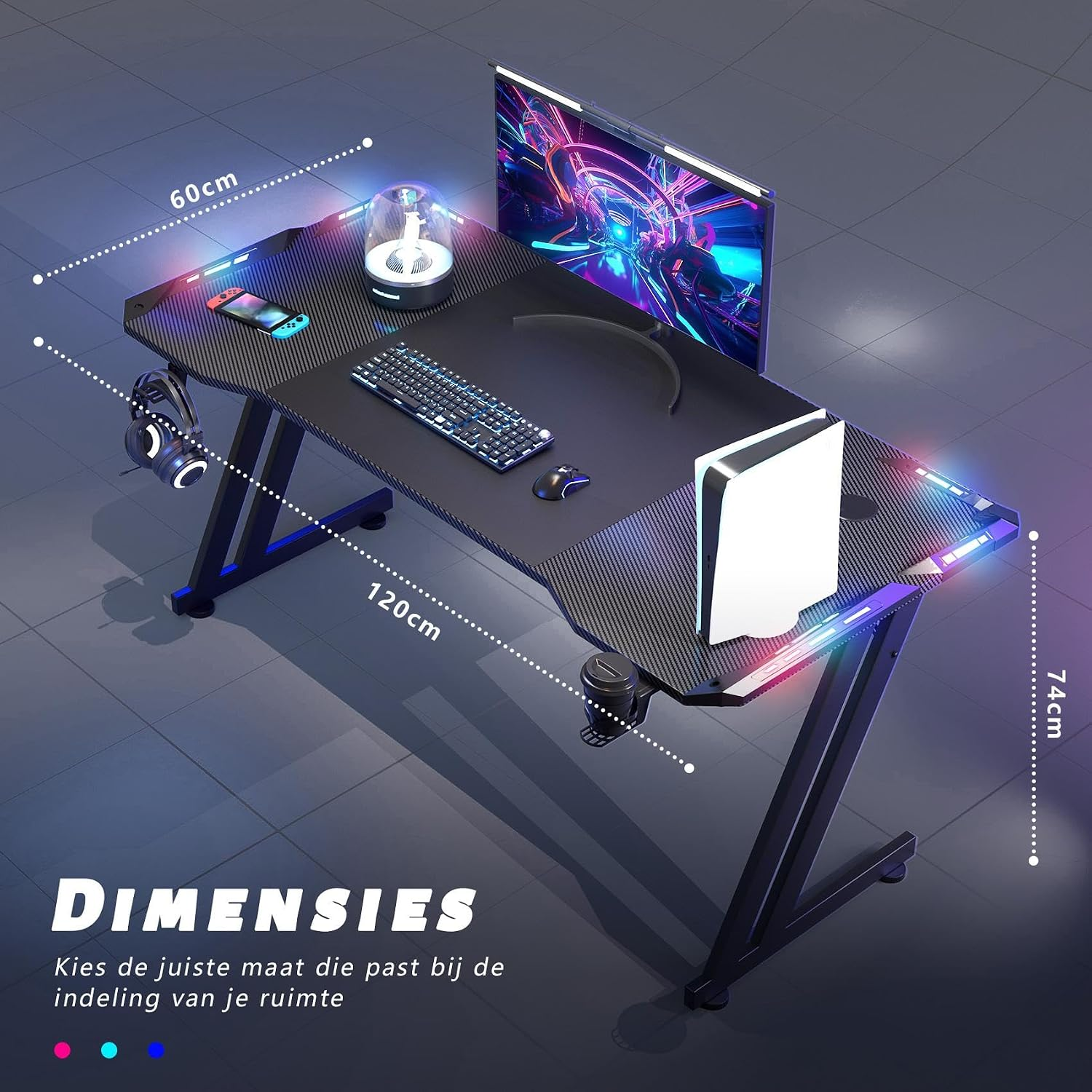 HLONONE Gaming Desk with LED, Carbon Fiber