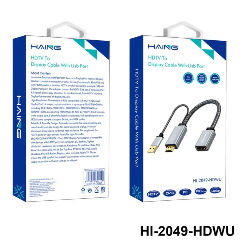 HAING HI-2049-HDWU HDMI to Display Cable with USB Port 4K 60Hz