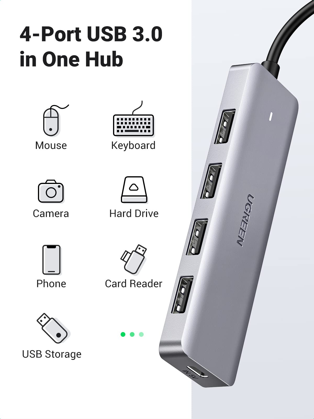 UGREEN 80657 USB 3.0 4-Port Hub – 5Gbps, 1m Cable, Black