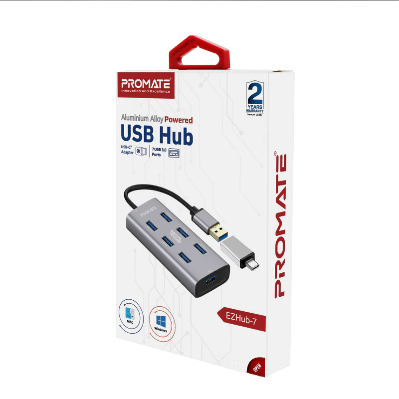 PROMATE EZHUB-7 USB Hub • 7 USB 3.0 Ports • USB-C Adaptor • 5Gbps Transfer Rate • Data & Charge