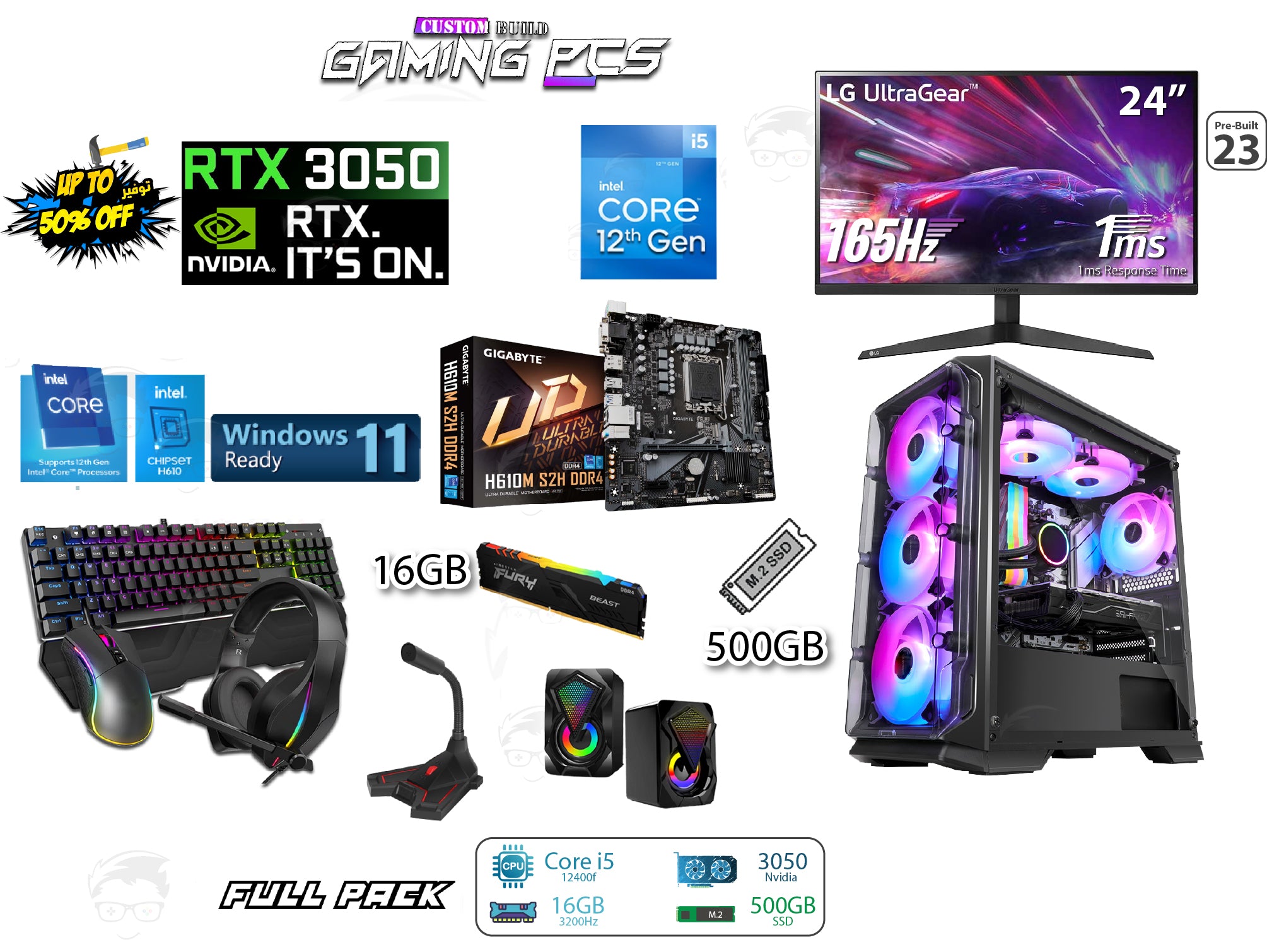 Pre-Built PC 23 Full Pack - Core i5 12th GEN / RTX 3050 / 16GB RAM / 500GB SSD / H610 / LG Monitor 24