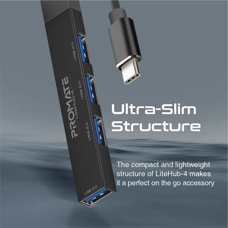 PROMATE LITEHUB -4 BLACK 4-in-1 Multi-Port USB-C Data Hub