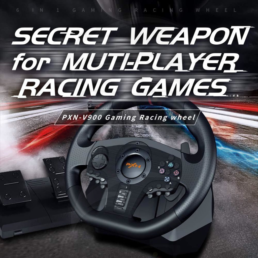 Pxn - V900 900 Degree Racing Game Steering Wheel Black