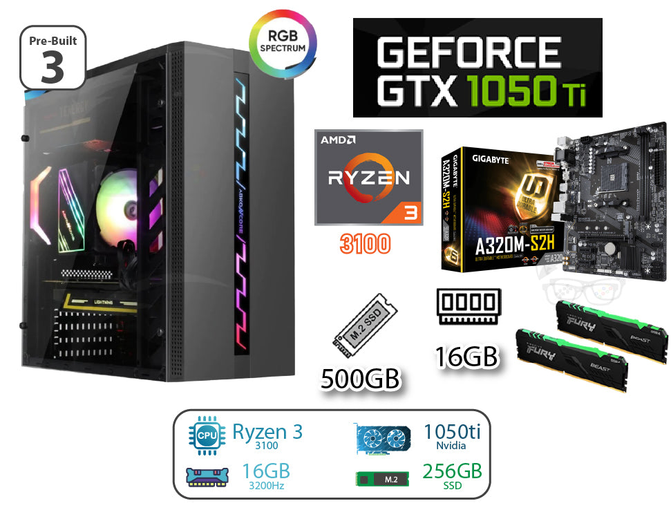 Pre-Built PC 4 - Ryzen 3 3100 / GTX 1050ti / 16GB RAM / 500GB SSD / A320M