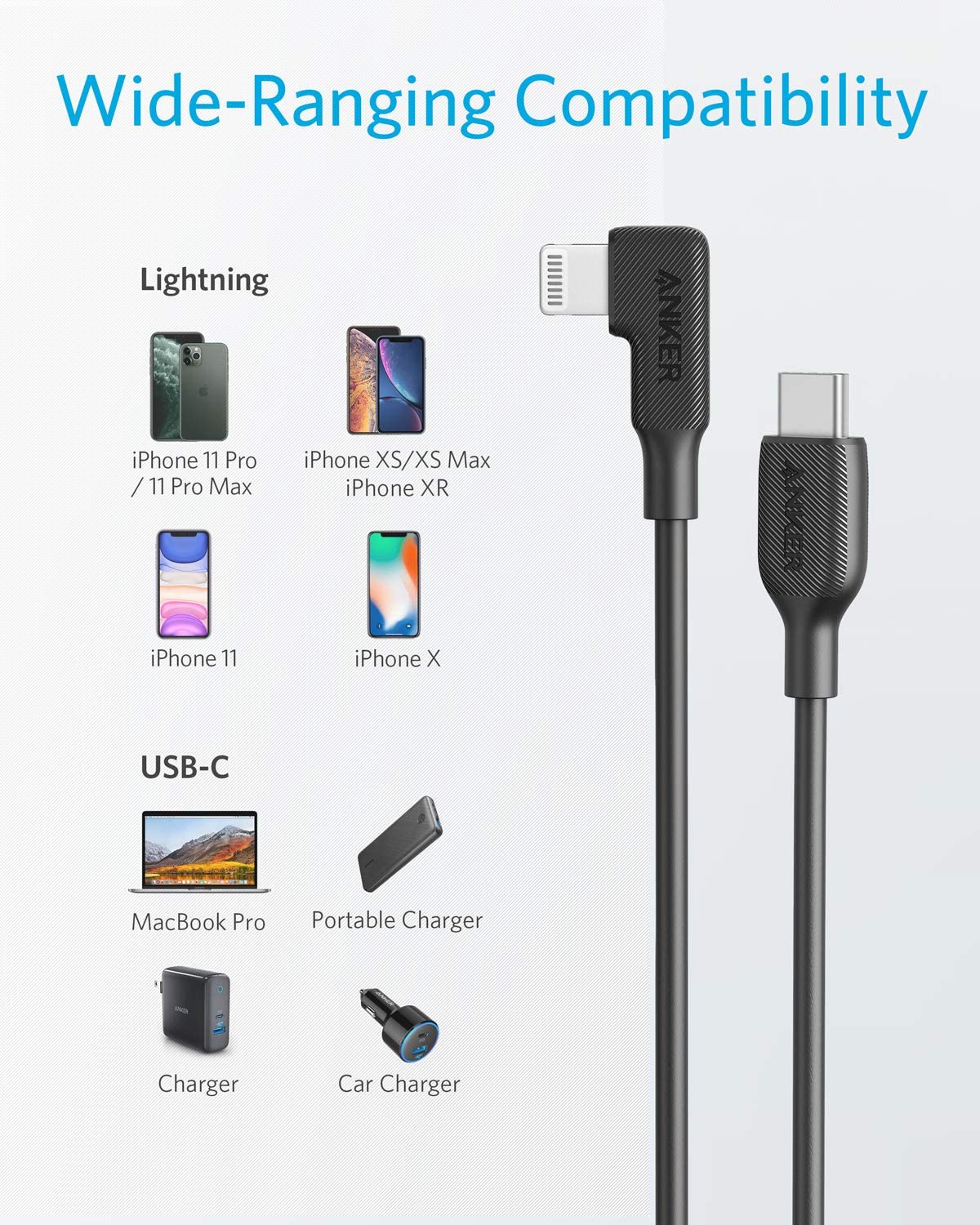 Anker C to Right  Angle Lightning  cable 3ft - Black