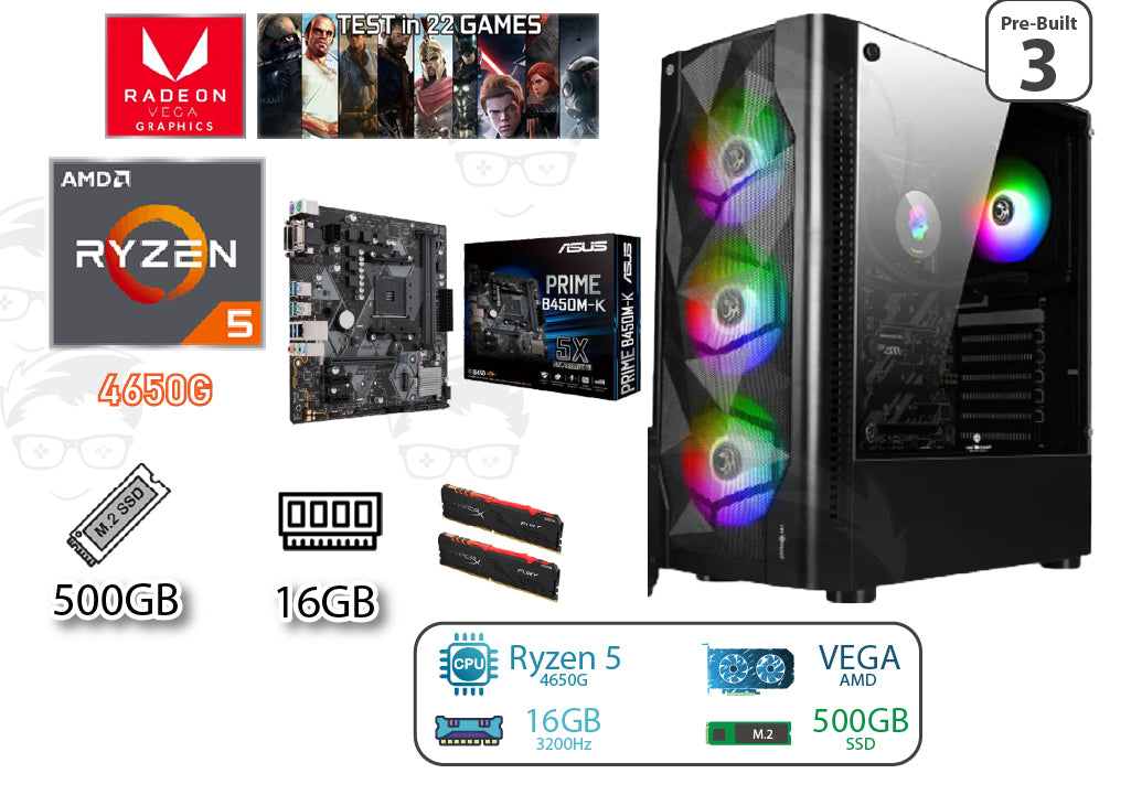 Pre-Built PC 3 - Ryzen 5 4650G / Integrated Radeon VEGA GPU  / 16GB RAM / 500GB SSD / B450