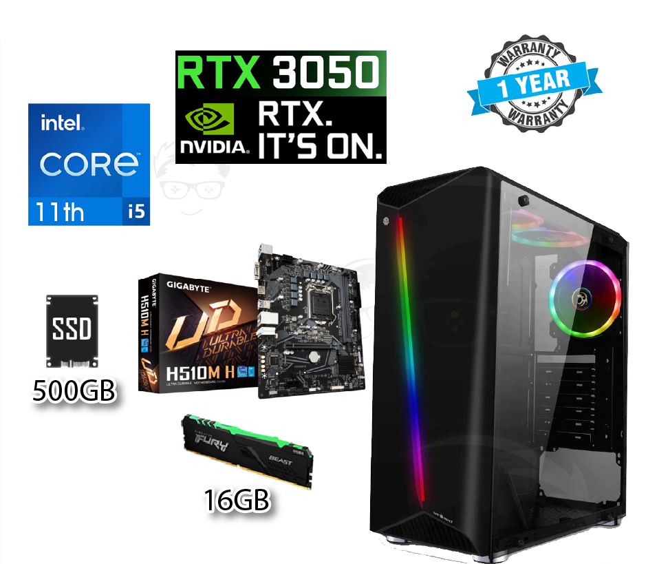 GAMING PC INTEL CORE I5 11TH GEN / RTX 3050/ 16GB RAM / 500GB SSD SATA / GIGABYTE H510M H